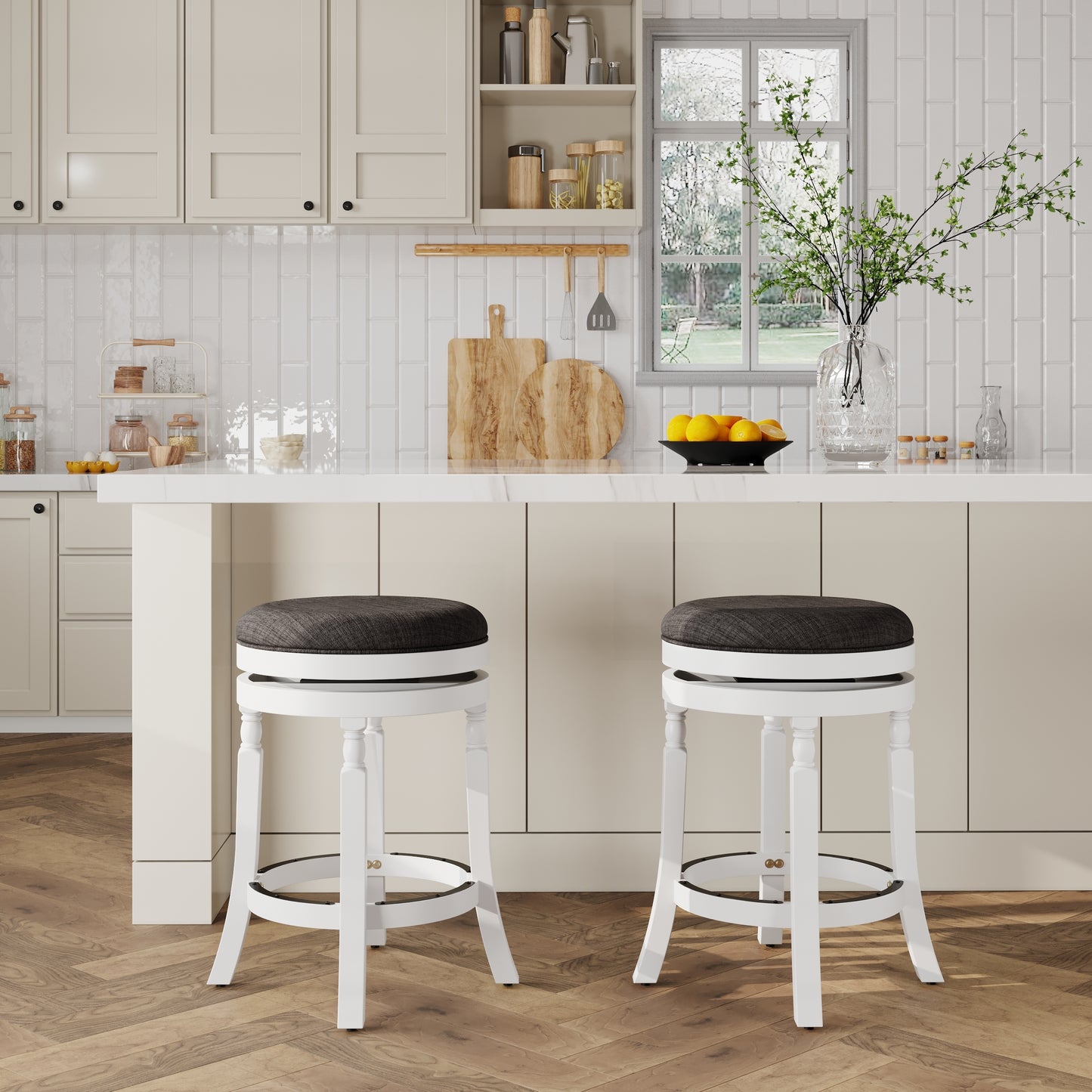 Saville - Set of 2 - 24" White Counter Stools with Charcoal Upholstered Seats