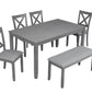 Glenn - Set of 6 - 25” Kitchen Dining Set with Rectangular Acacia Wood Table, 4 Upholstered Chairs & Bench - Seats 6