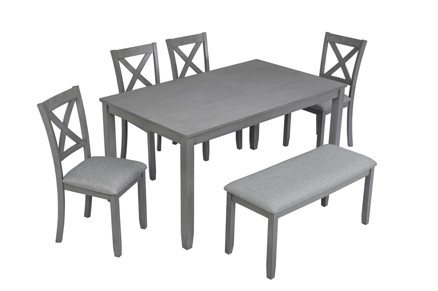 Glenn - Set of 6 - 25” Kitchen Dining Set with Rectangular Acacia Wood Table, 4 Upholstered Chairs & Bench - Seats 6