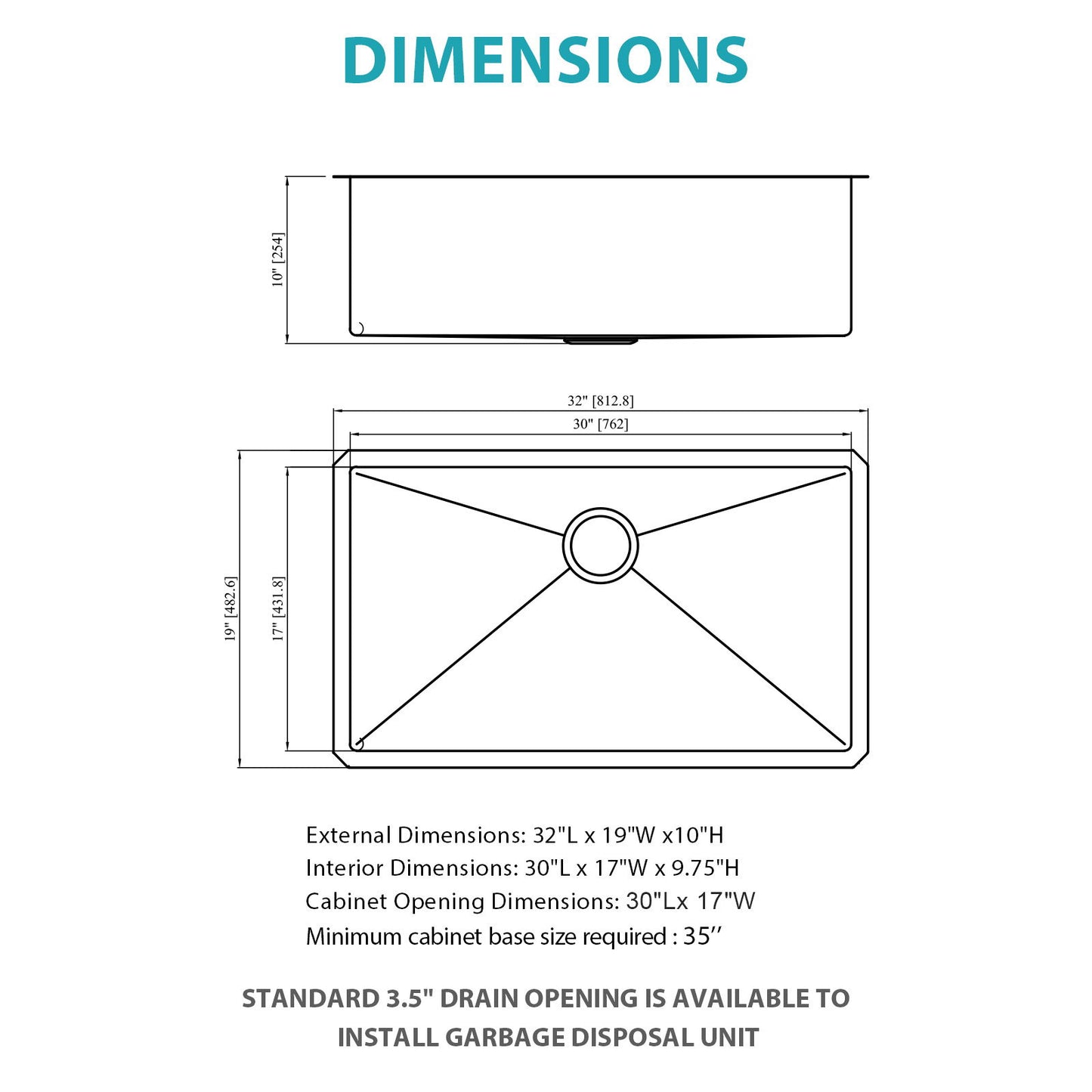Finish Undermount Stainless Steel Kitchen Sink 32" X 19" 16 Gauge Deep Single Bowl