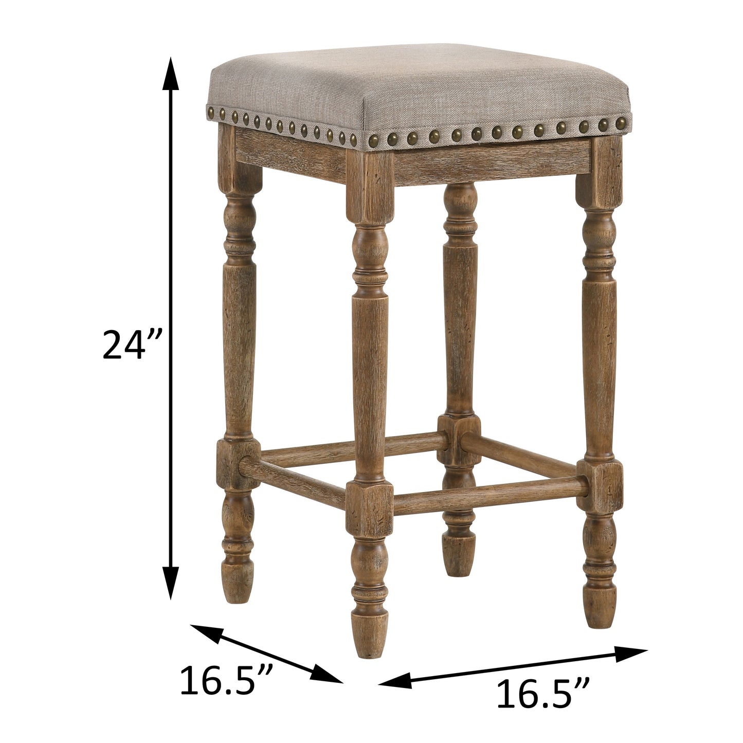 Holden - Set of 2 - 24” Beige Counter Height Stools with Weathered Oak Finish and Nailhead Trim