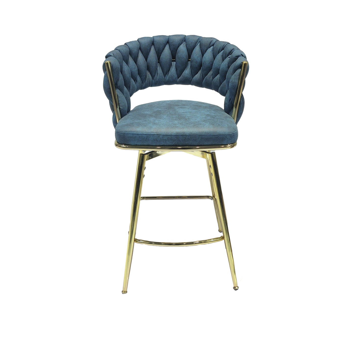 Haythorne - Set of 2 - 26" Blue Suede Woven Swivel Bar Stools with Armrest & Footrest - Gold Legs for Kitchen Island