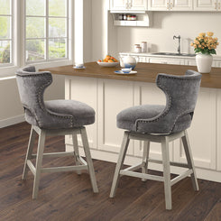 Gilded - Set of 2 - 26" Charcoal Upholstered Swivel Counter Stools with Low Back and Light Grey Solid Wood Legs