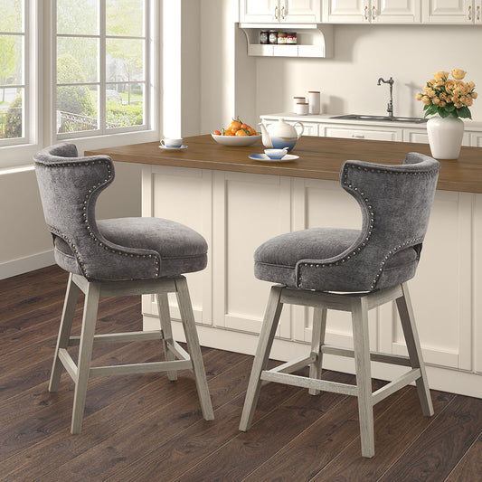 Gilded - Set of 2 - 26" Charcoal Upholstered Swivel Counter Stools with Low Back and Light Grey Solid Wood Legs