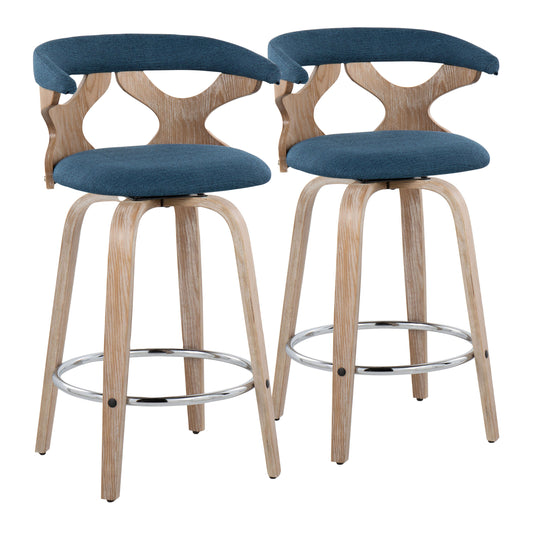 Gardenia - Set of 2 - 26" Fixed-Height Counter Stools with 360° Swivel in White-Washed Wood and Blue Fabric, Chrome Metal Footrest