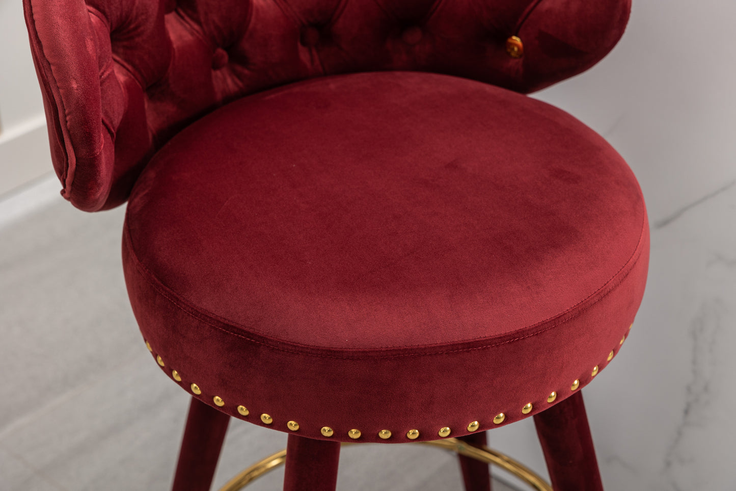 Cylvara - Set of 2 - 28" Claret Red Velvet Counter Height Bar Stools with Solid Wood Legs and 360° Swivel