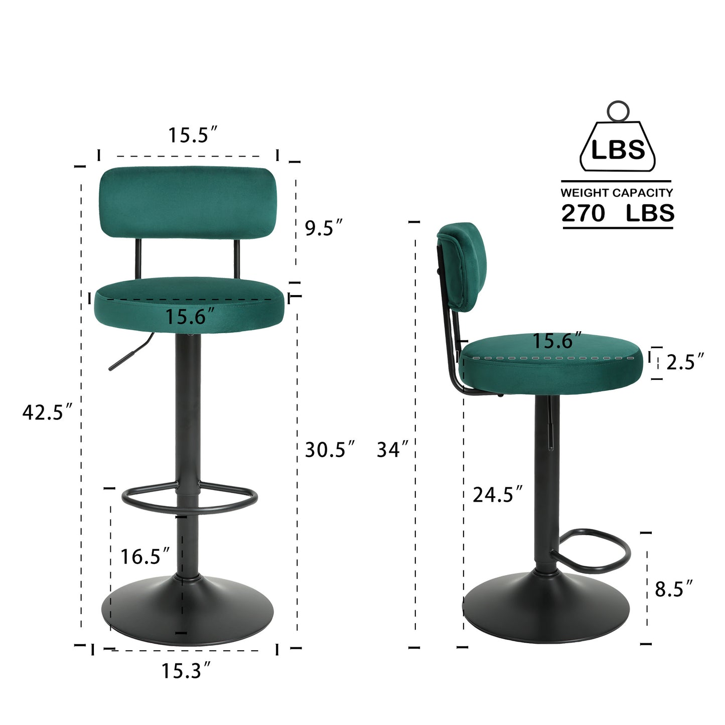 Hendrio - Set of 2 -  24.5"-30.5" Green Velvet Adjustable Bar Stools with Curved Backrest, Swivel Counter Height