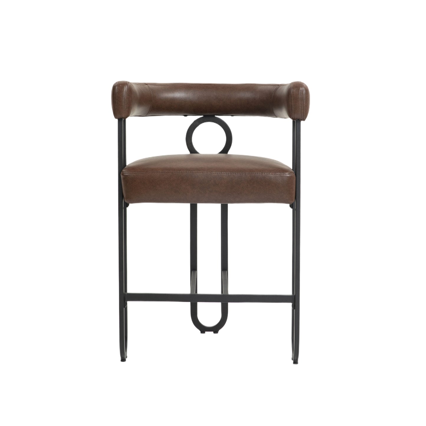 Callan - Set of 2 - 24" Dark Brown PU Bar Stools with Round Cushions, Curved Backrest, and Modern Black Metal Frame