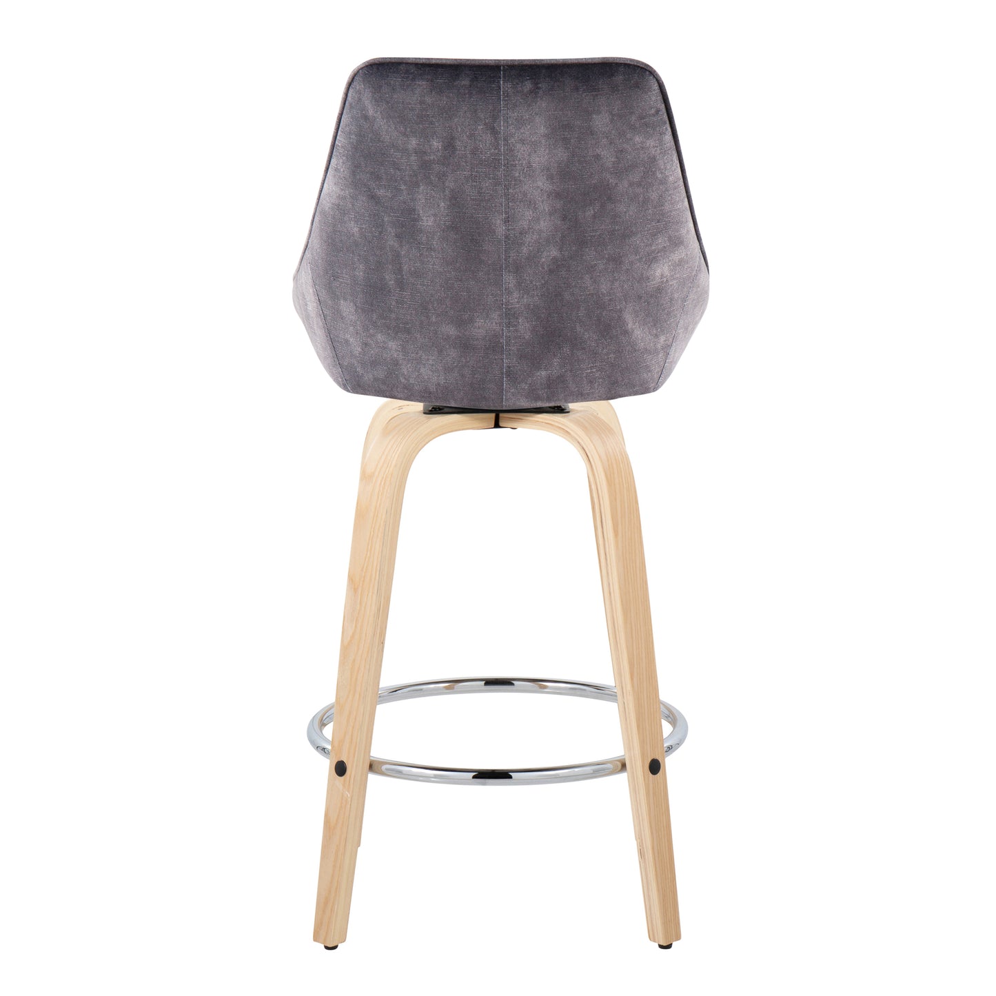 CieloVibe - Set of 2 - 24" Fixed-Height Counter Stools in Grey Velvet with Natural Wood Legs and Round Chrome Footrest