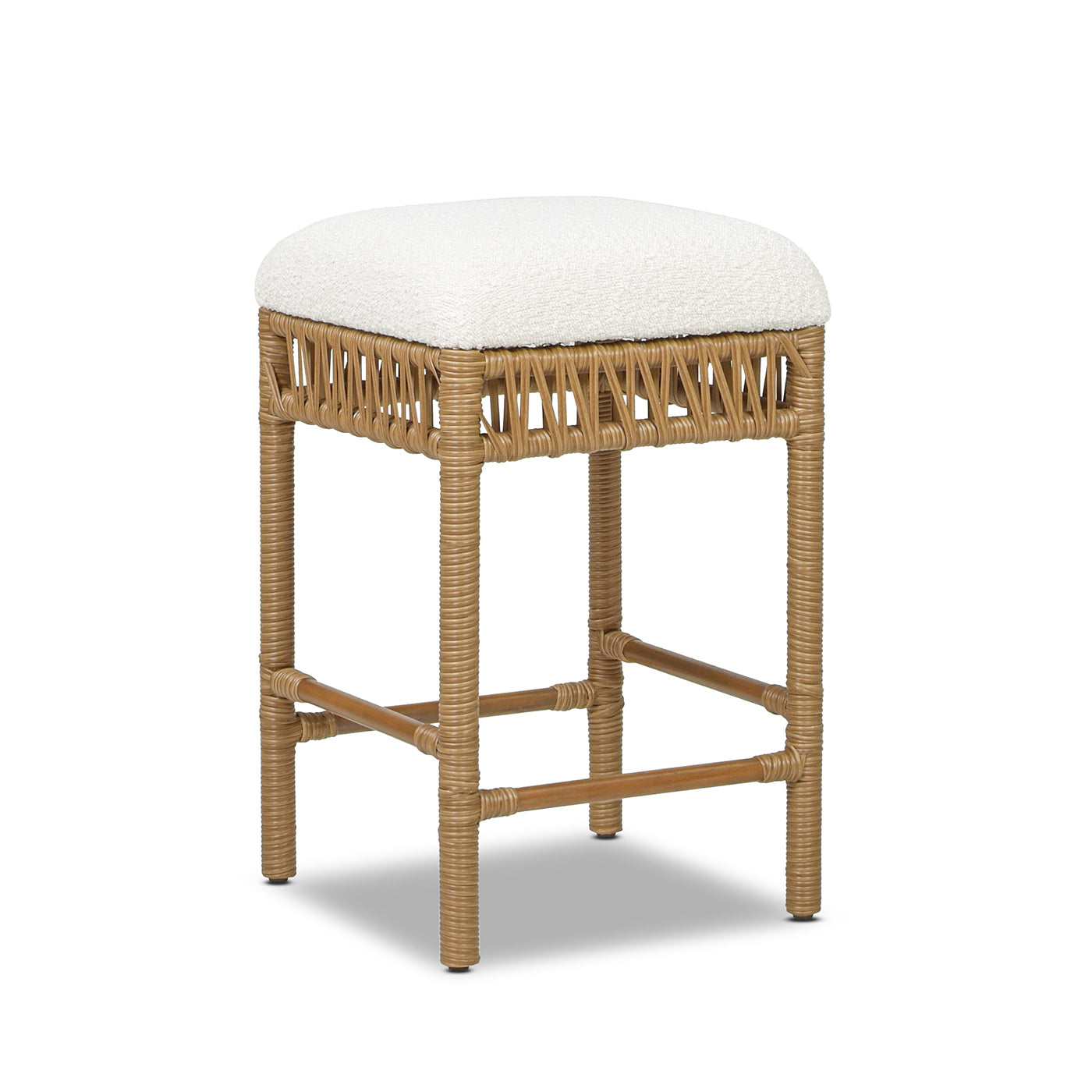 Lyther - Set of 1 - 26" Backless Ivory White Boucle Counter Stool with Resin Rattan Frame