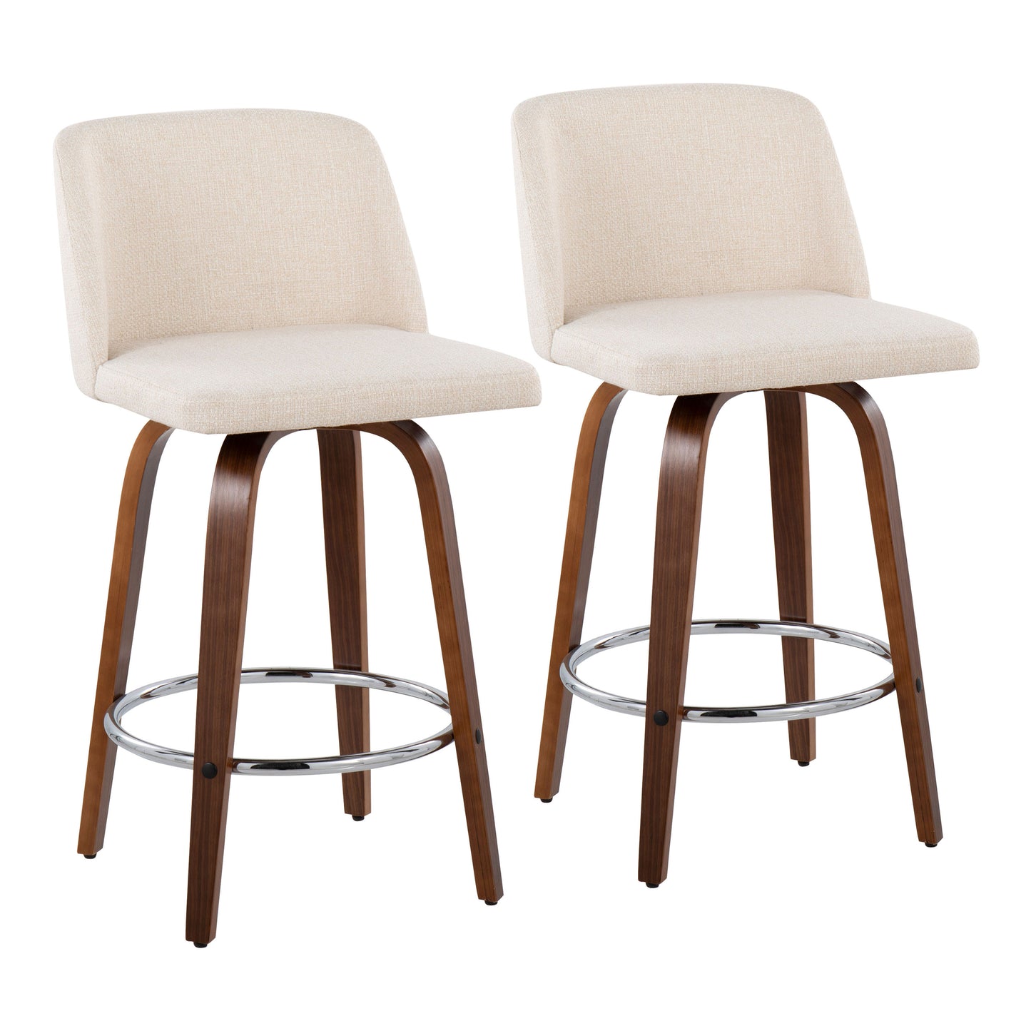 Tolindra - Set of 2 - 20" Mid-Century Modern Fixed-Height Counter Stools with Walnut Wood Frame, Cream Upholstery, and Round Chrome Footrest