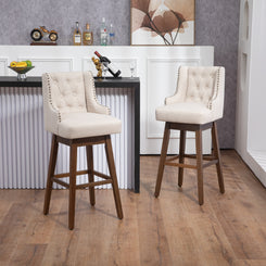 Sancia - Set of 2 - 29" Beige Linen Counter Height Bar Stools with 360° Swivel, Solid Wood Legs, and Retro Design for Kitchen or Dining Room