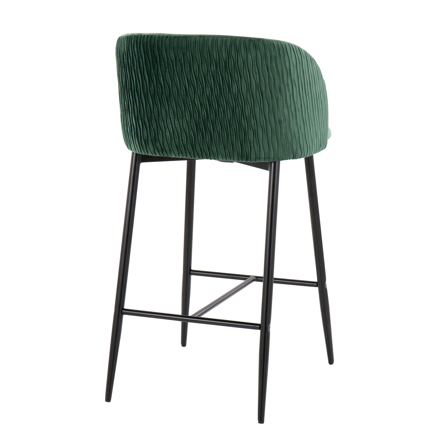 Fleetwood - Set of 2 - 24" Green Velvet Pleated Wave Counter Stools with Black Frame Modern Fixed-Height Design