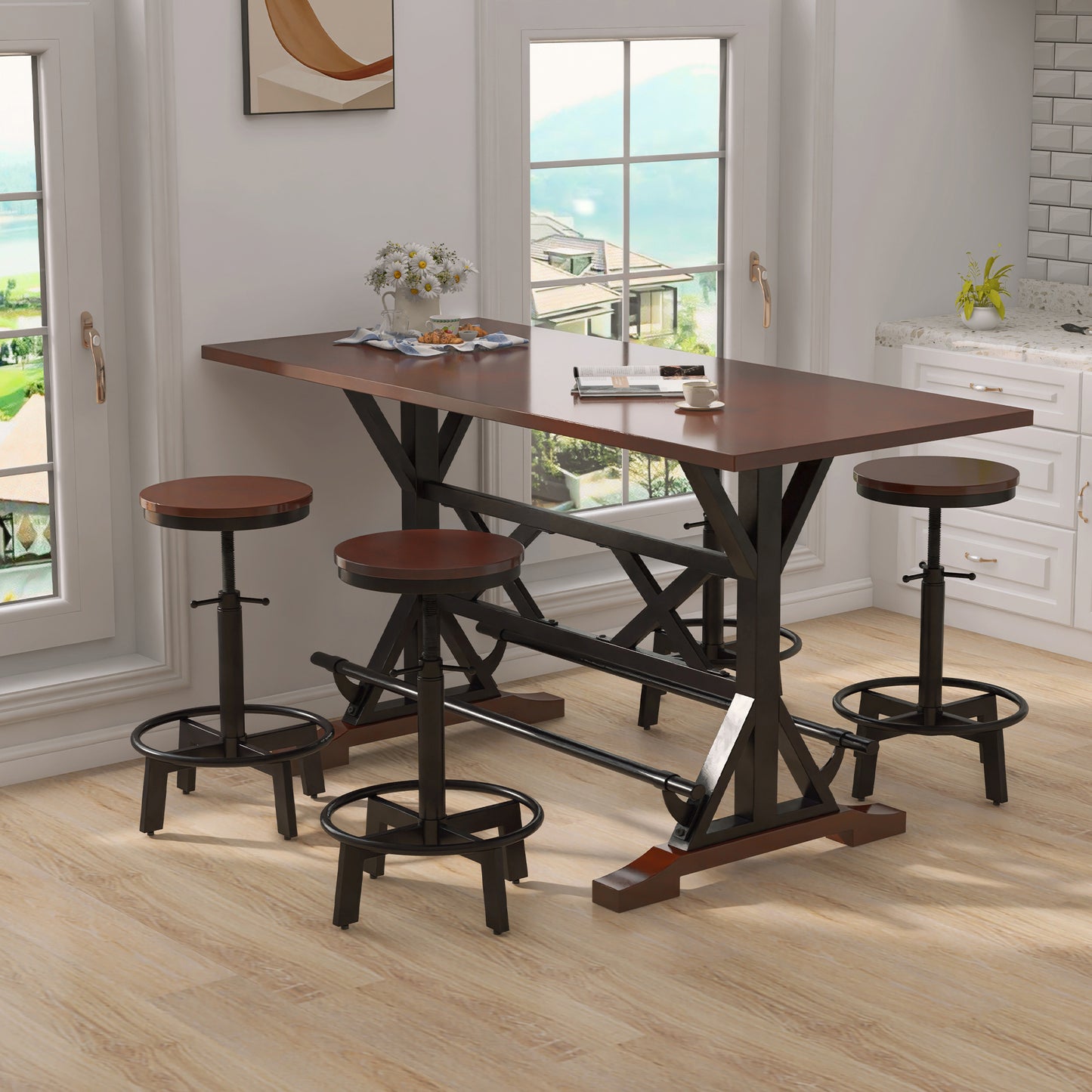 Merton - Set of 2 - 25" Adjustable Swivel Counter Stools with Rectangular Pine Wood Table in Rustic Espresso Finish, Perfect for Compact Living Spaces