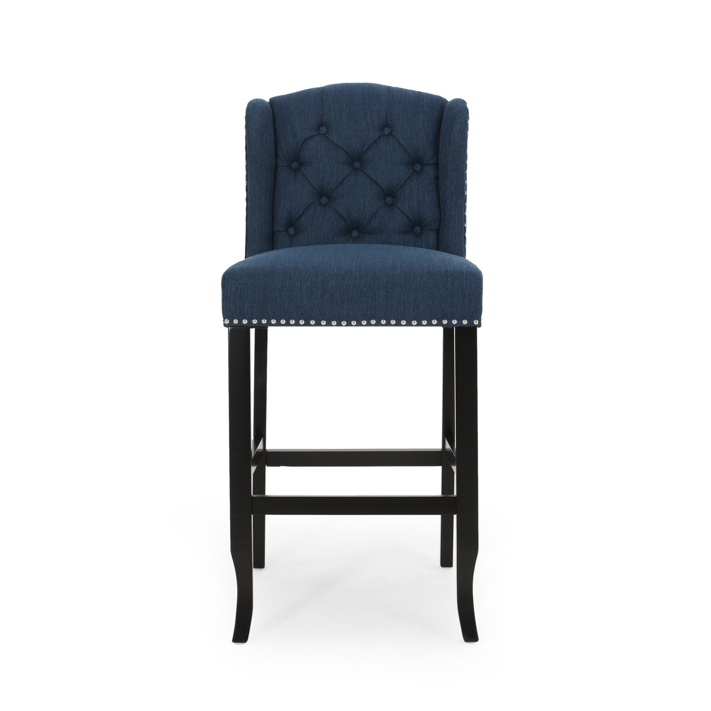 Vera - Set of 2 - 24" Navy Blue & Dark Brown Fabric Tufted Wingback Counter Stools with Nailhead Accents