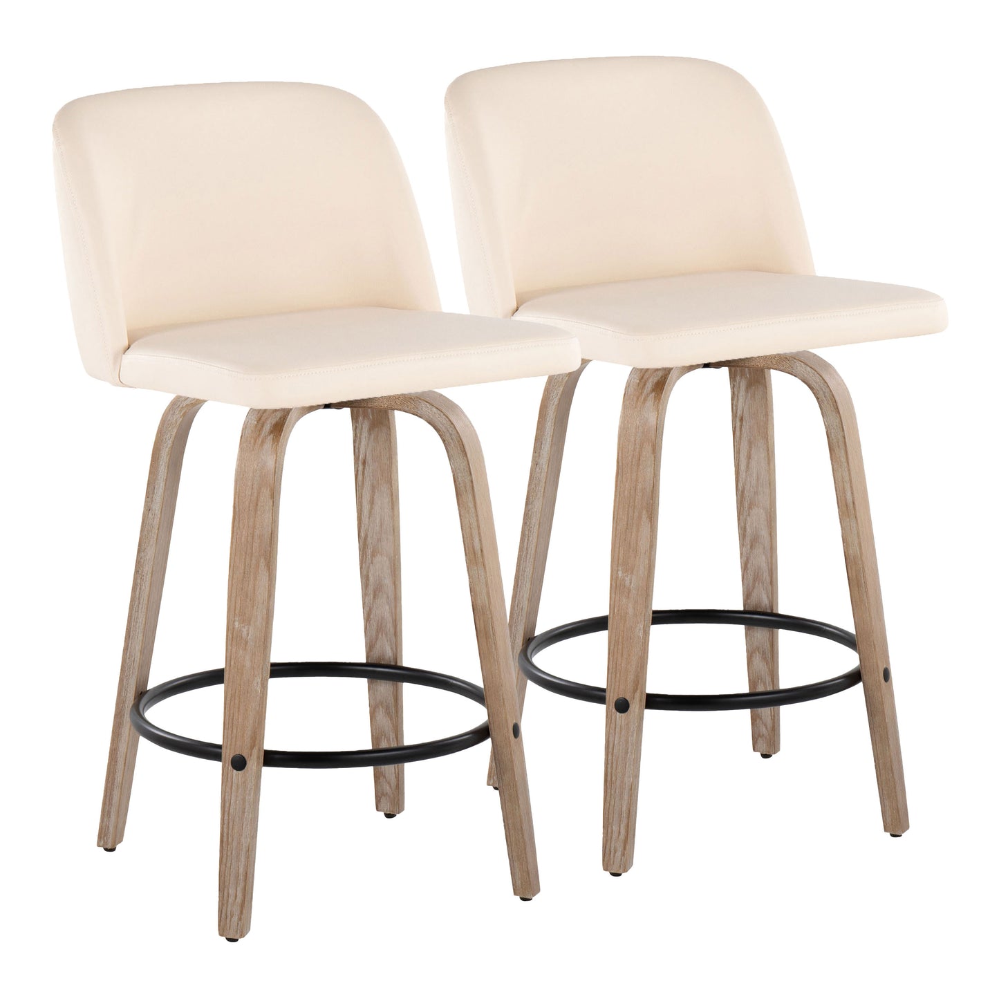 Trilo- Set of 2 - 24" White-Washed Wood Mid-Century Modern Swivel Counter Stools with Cream Faux Leather & Black Metal Footrest