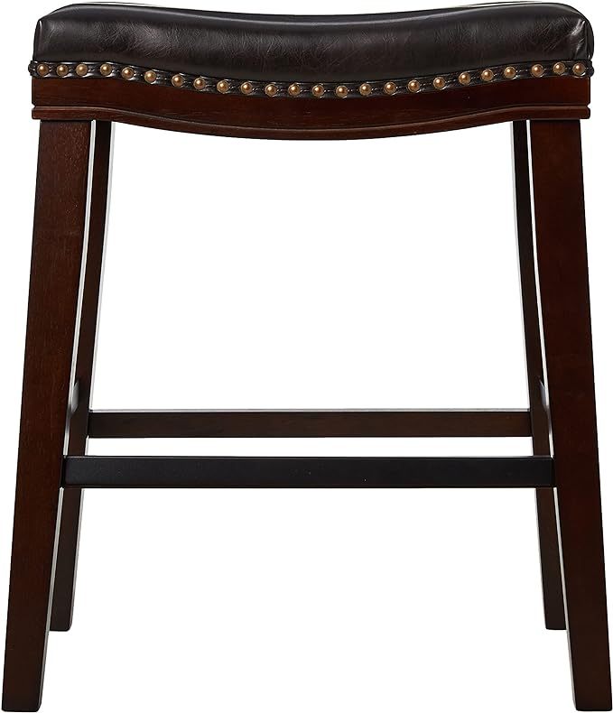 Marcila - Set of 2 - 26" Dark Brown PU Leather Saddle Bar Stools with Nailhead Trim and Rubberwood Frame