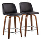 Tamer - Set of 2 - 24" Mid-Century Modern Swivel Counter Stools – Walnut Wood & Black Faux Leather with Chrome Footrest – 33.75" High