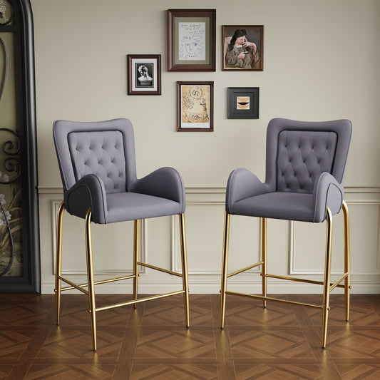 Montclair - Set of 2 - 28.75" Velvet Counter Height Bar Stools with Golden Legs and Tufted Back, Gray