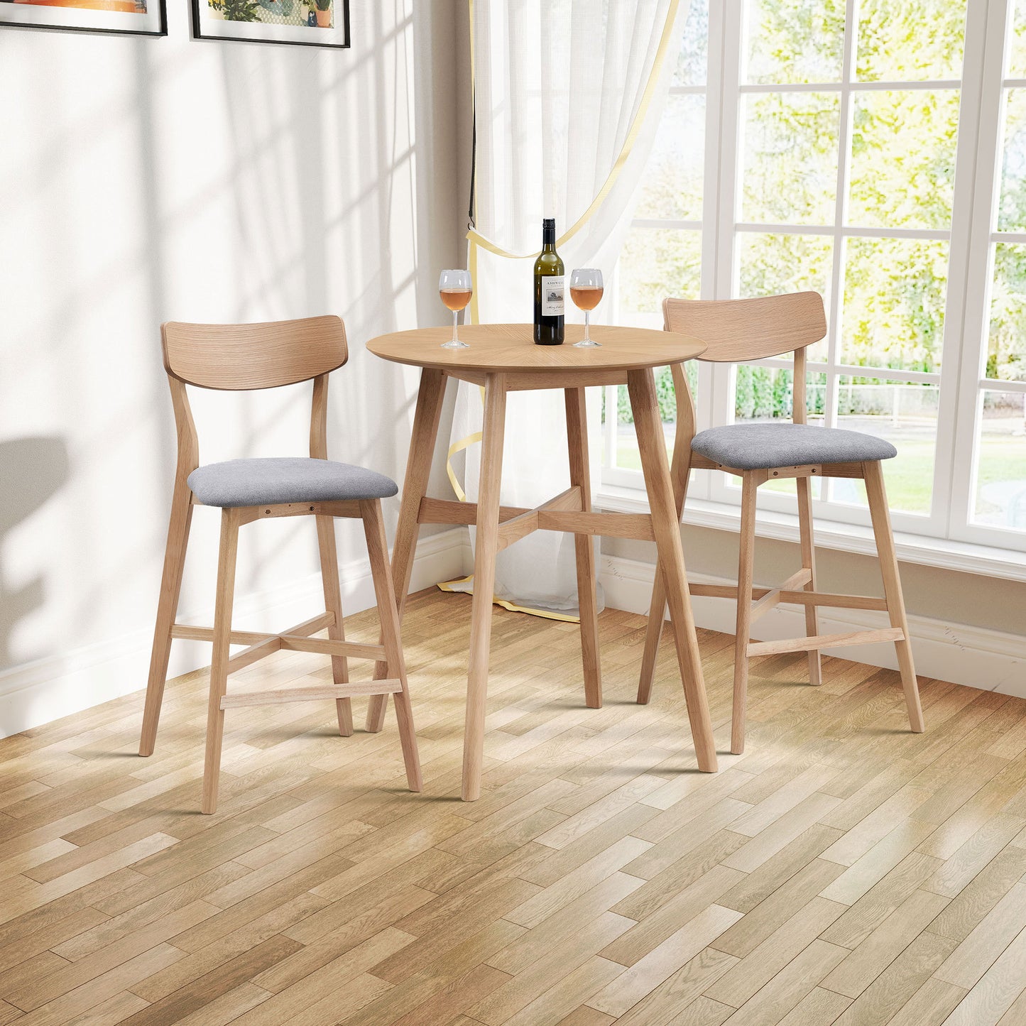 infinia - Set of 2 - 21" Oak Wooden Bar Chairs with Backrest and Upholstered Seats for Kitchen Island