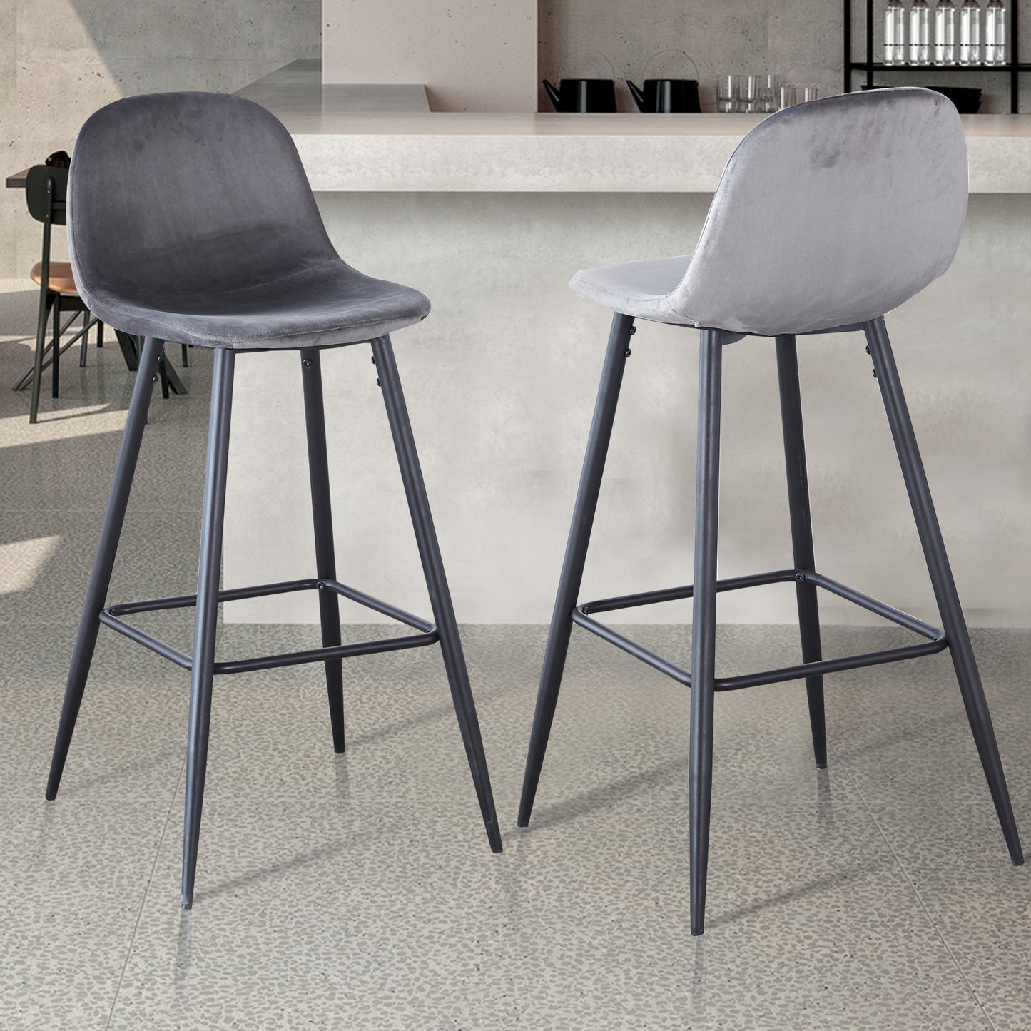 Nero - Set of 2 - 30" Dark Grey Velvet Bar Stools with Backrest, Black Metal Legs, and Footrests