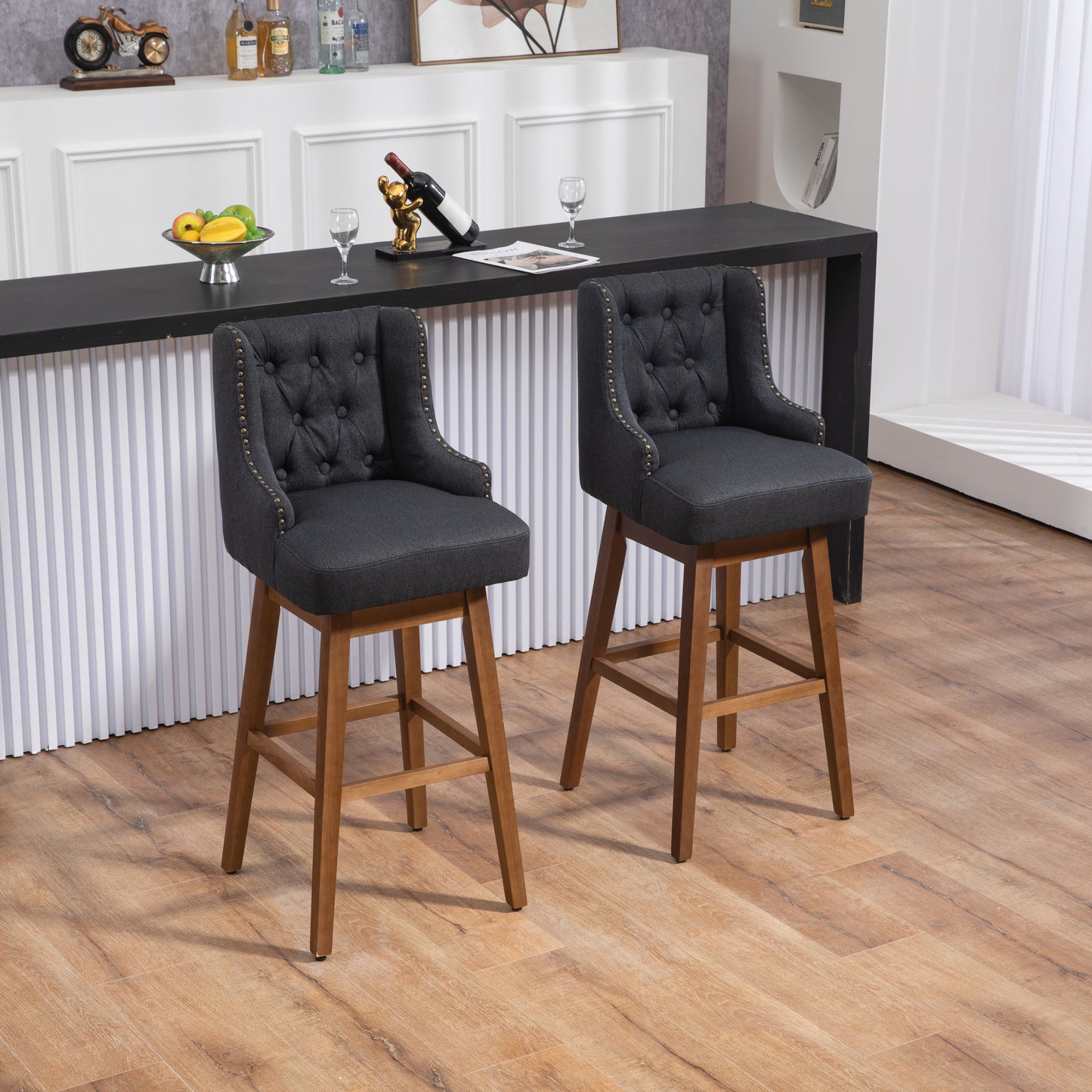 Helvion - Set of 2 - 29.92" Black Linen Swivel Counter Height Bar Stools with Solid Wood Legs and High Back