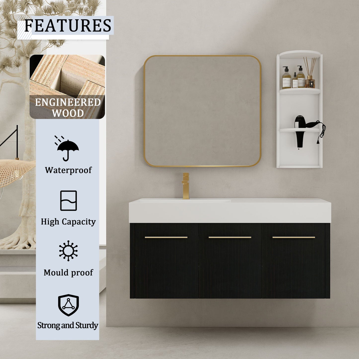 Modern Wall Mounted Bathroom Vanity With Left Sink And Storage Rack