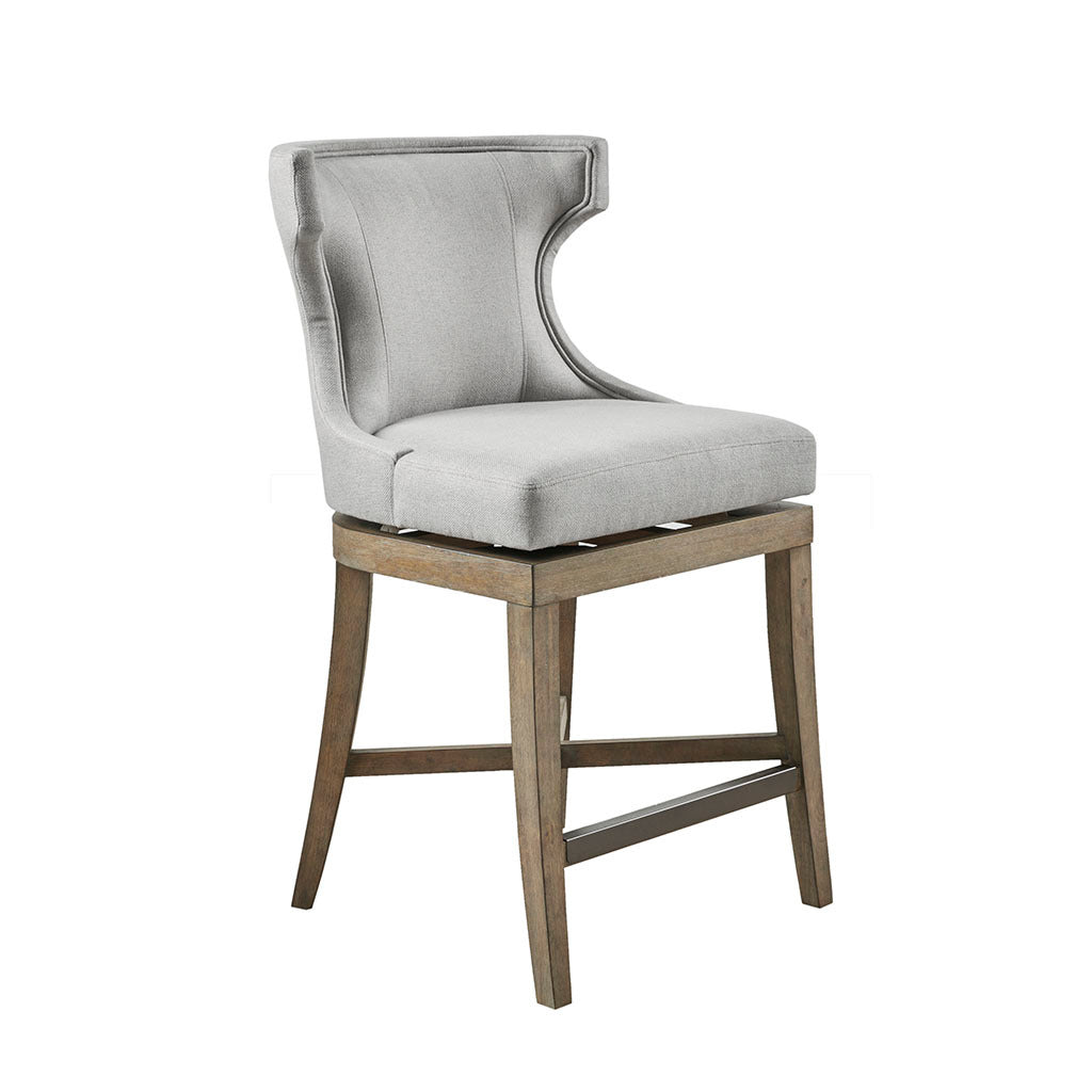 Regent - Set of 2 - 25" Light Grey Upholstered Wingback Counter Stools with 360° Swivel and Reclaimed Grey Wood Legs