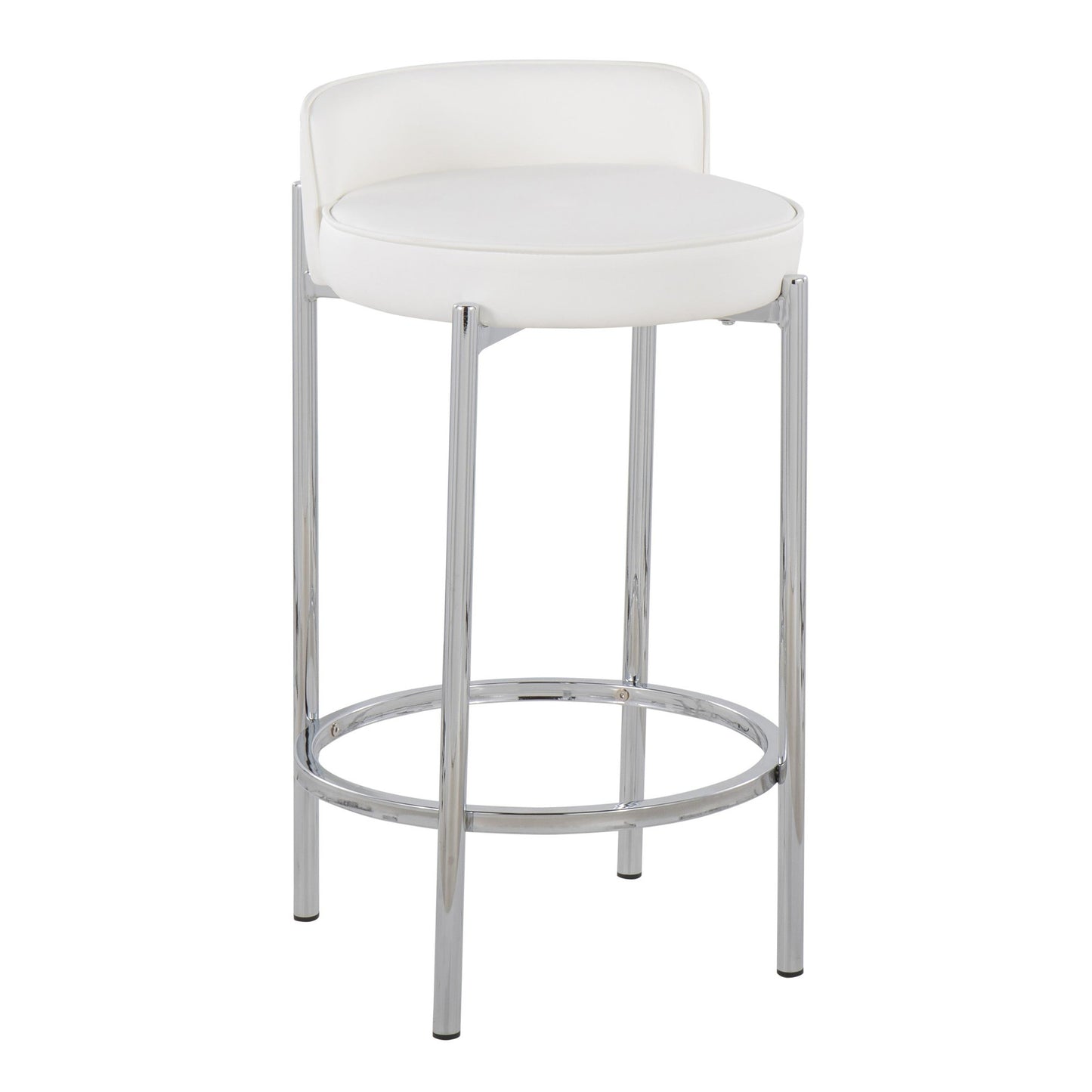 Odessa - Set of 2 - 26" White Faux Leather Chrome Counter Stools with Sleek High Back