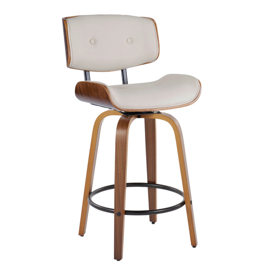 Lorneis - Set of 2 - 26" Cream Faux Leather Swivel Counter Stools with Walnut Wood Backrest and Black Metal Footrest, Fixed Height, Mid-Century Modern