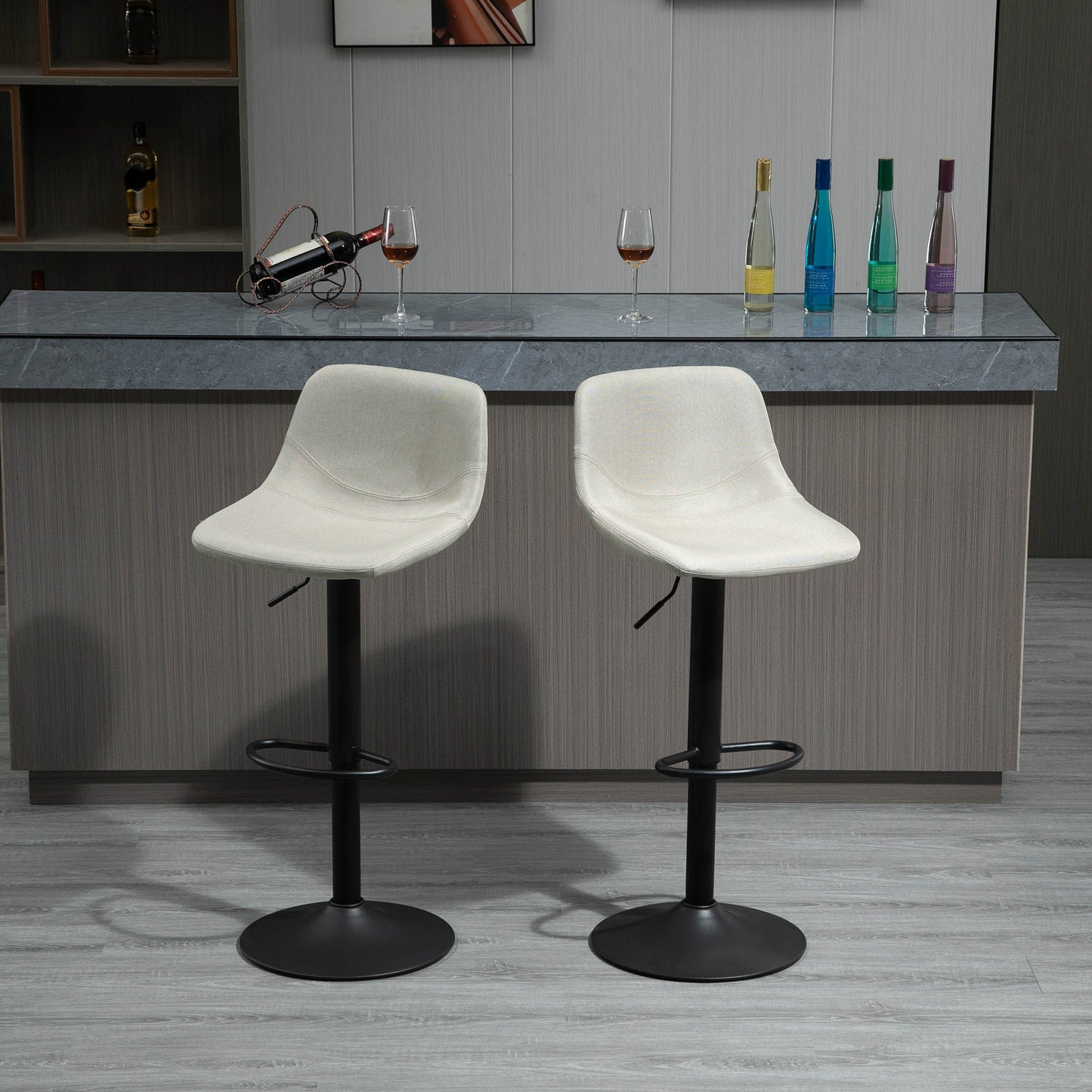 Adero - Set of 2 - 26" Adjustable Cream White Counter Stools with Swivel Cushioned Seats and Sturdy Metal Base