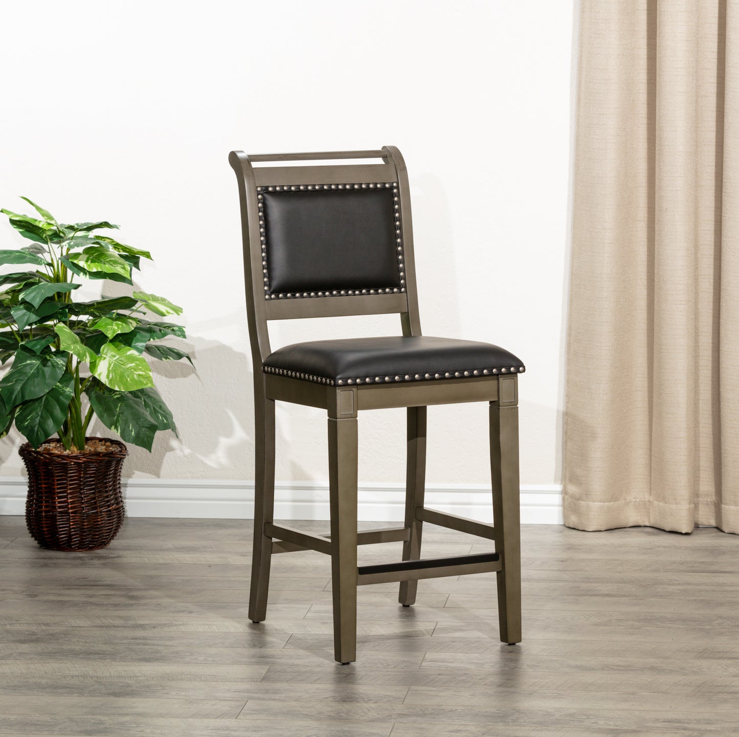 Hestia - Set of 2 - 24" Counter Stools with Weathered Gray Finish and Black Bonded Leather Seats