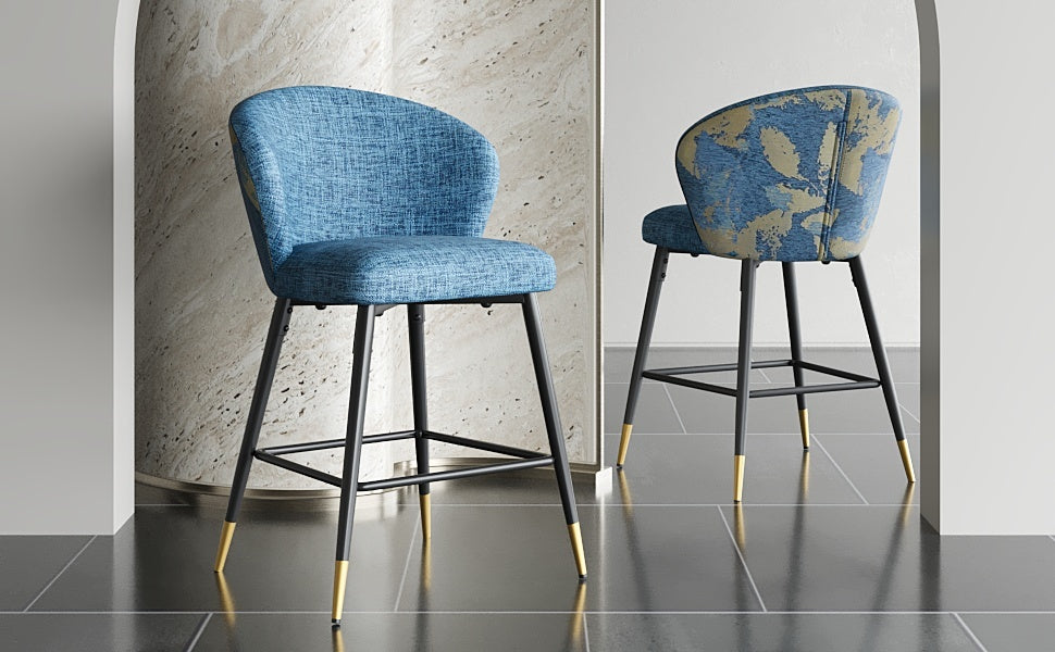 Loressa - Set of 2 - 28" Blue Jacquard Counter Height Bar Stools, Modern Wingback Design, Metal Frame with Black & Gold Footrests