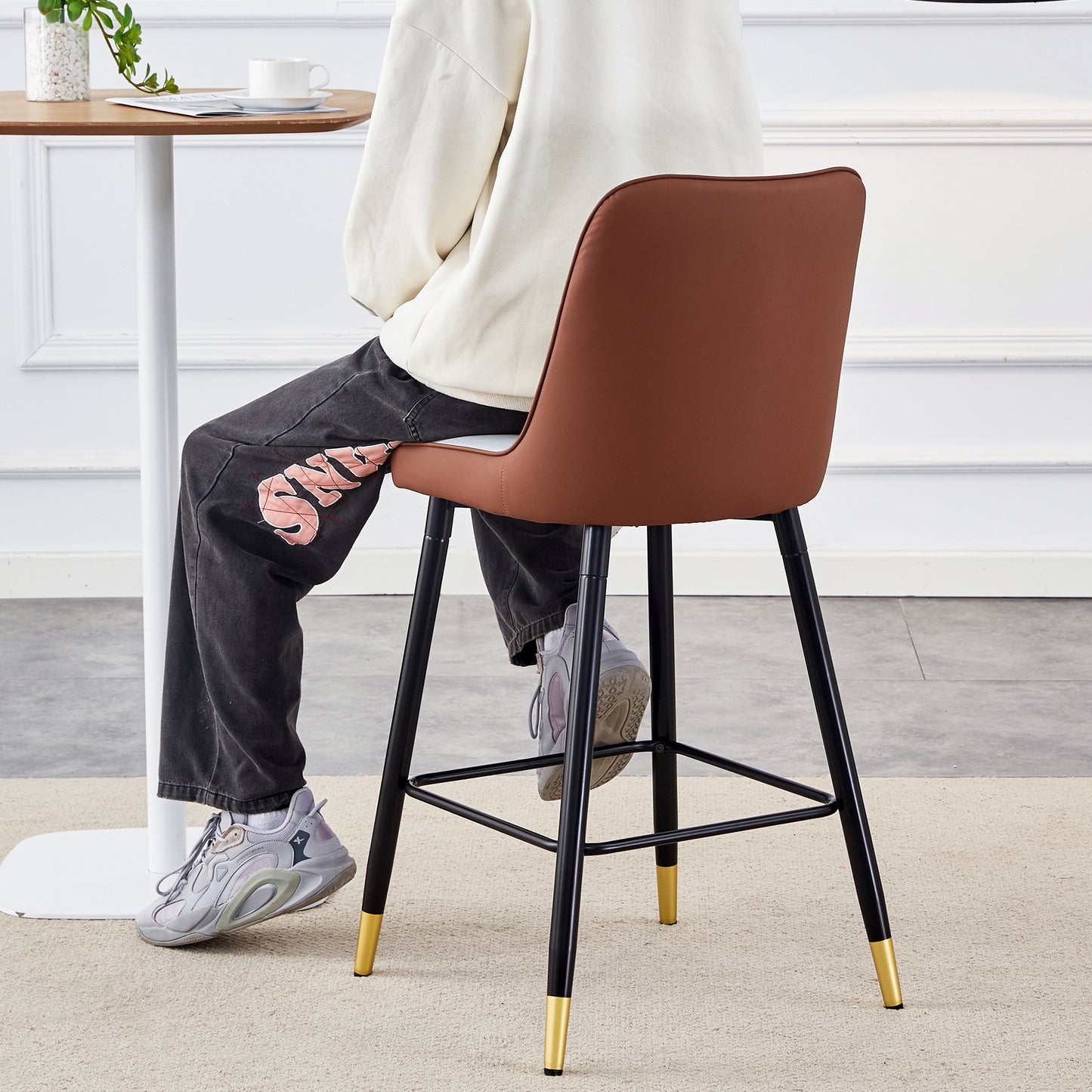 Harlow - Set of 2 - 27" Brown and Light Gray PU Bar Stools with Gold Accents and Black Metal Legs