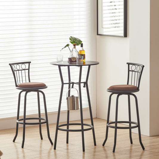 Vespero - Set of 3 - 29" Antique Brown Industrial Pub Table and Chairs with Metal Back and Fabric Seat