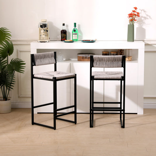 Merrick - Set of 2 - 24" - Grey Handwoven Counter Height Bar Stools with Backrests