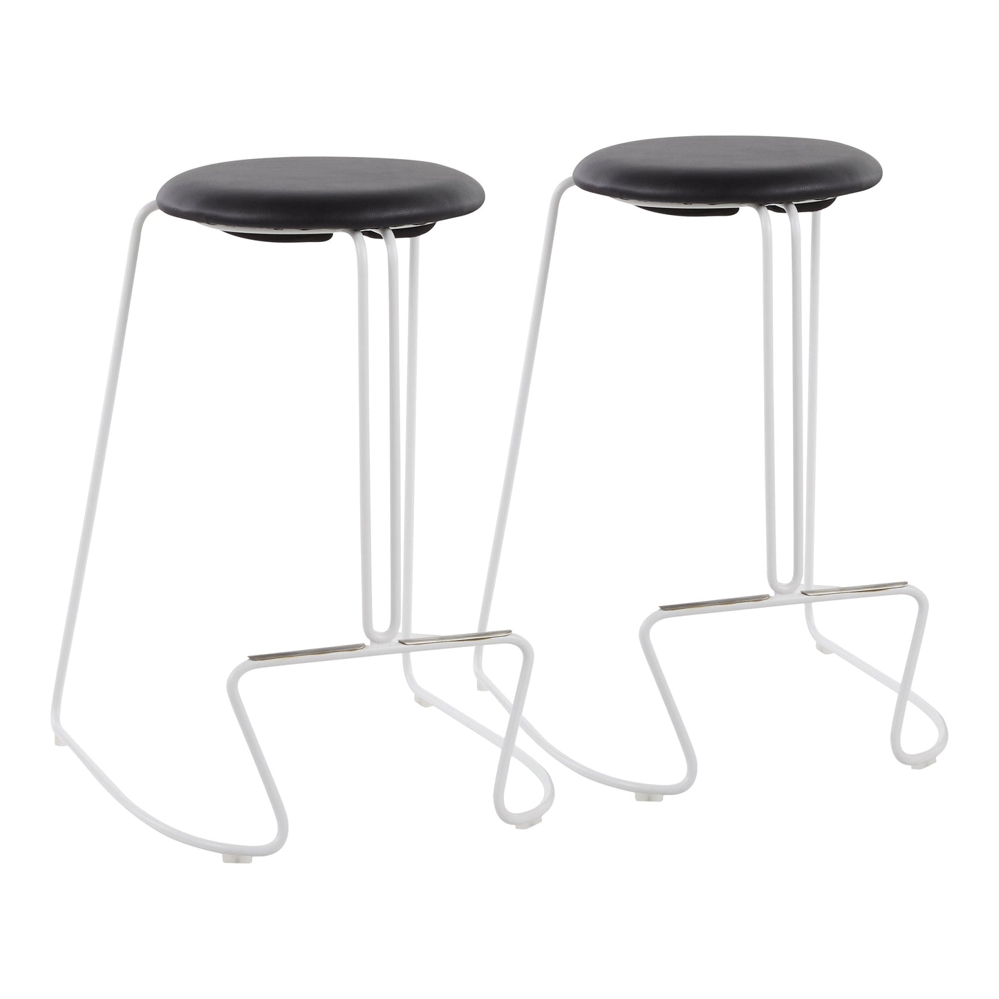 Hyacinth - Set of 2 - 26" White Steel & Black Faux Leather Swivel Bar Stools with High Back