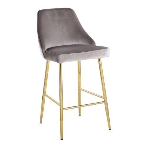 Mirthwell - Set of 2 - 24" - Glam Gold Metal Counter Stools with High Back and Silver Velvet Upholstery, Elegant Design for Stylish Kitchens and Dining Spaces