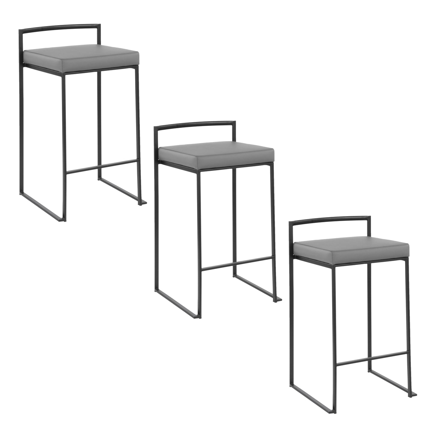 Froxton - Set of 3 - 26" Black Metal Stackable Counter Stools with Gray Faux Leather Cushions