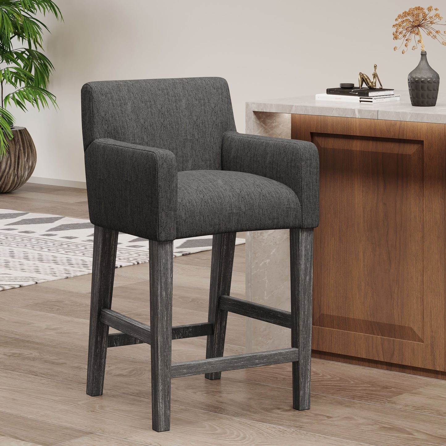 Levison - Set of 1 - 26" Upholstered Counter Stool in Charcoal Gray Fabric with Rubberwood Frame