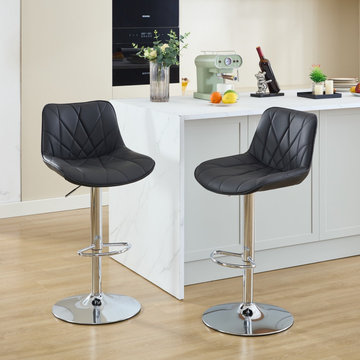 Samsonite - Set of 2 - 30" Black Adjustable Swivel Bar Stools with High Back, Ergonomic PU Leather for Kitchen Island