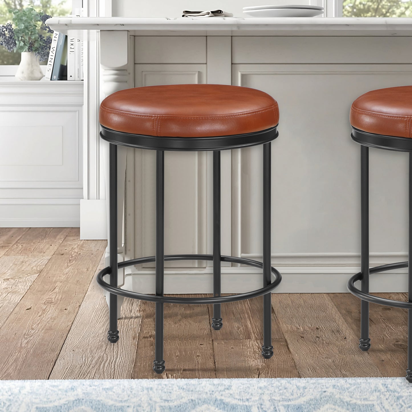 Michal - Set of 2 - 25" Backless Counter Stools with Caramel Faux Leather Seat