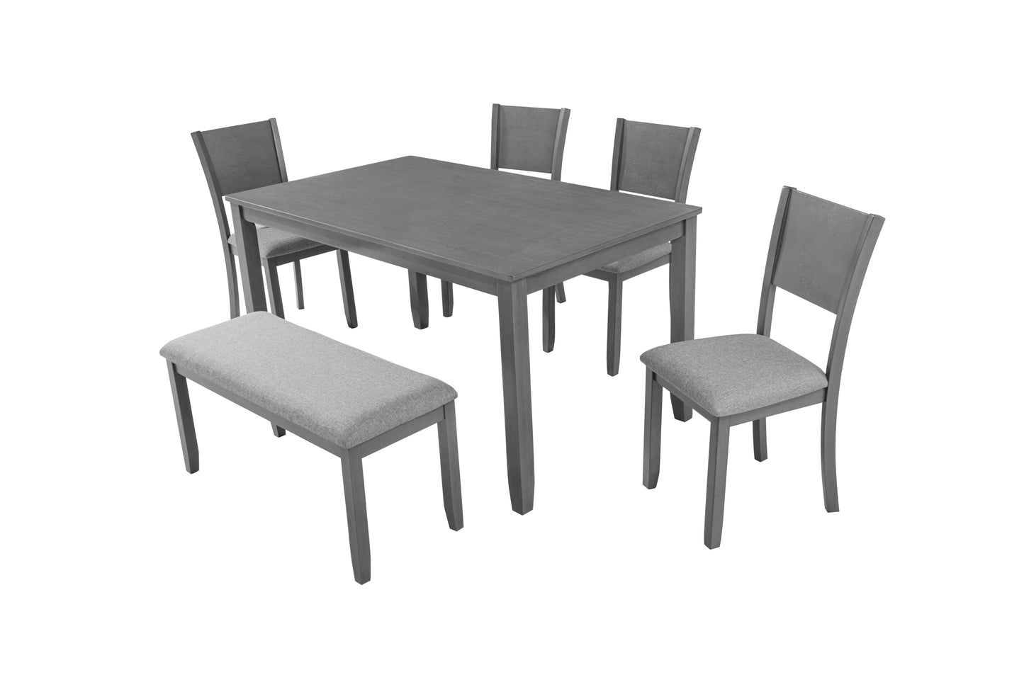 Ashford - Set of 6 - 19" Stool height, 18" Bench and 30" Table Gray Wooden Dining Set with Upholstered Chairs and Bench