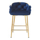 Narelle - Set of 2 - 28" Dark Blue Velvet Modern Counter Stools with Gold Metal Frame, Comfortable Backrest & Footrest