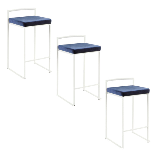 Fernhill - Set of 3 - 26" Contemporary Stackable Counter Stools in White Metal with Blue Velvet Cushions