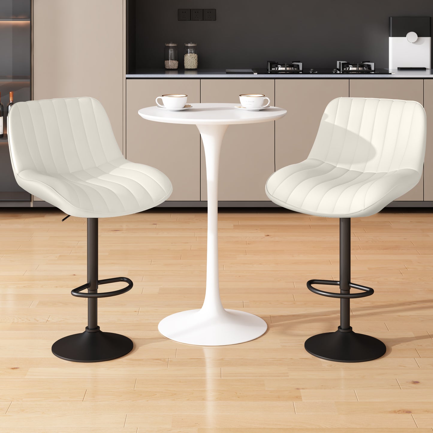 Harcion - Set of 2 - 22" White Faux Leather Swivel Bar Stools with Back – Adjustable Counter Height Stool with Ergonomic Design for Kitchen Island