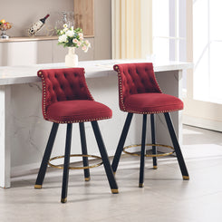 Harland - Set of 2 - 26" Red Velvet Swivel Bar Stools with 360° Rotation, Rivet Accents, Back Pull Loop Design