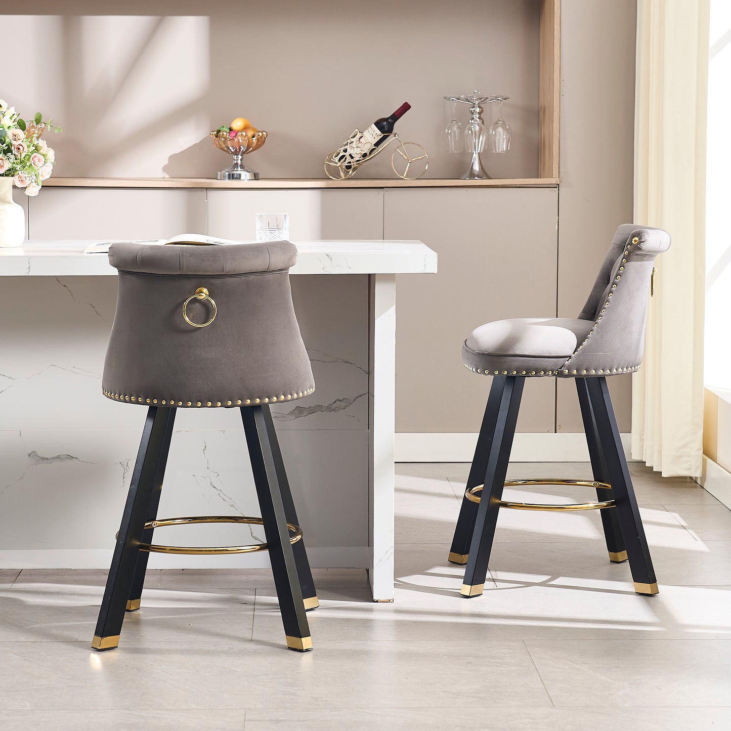 Evra - Set of 2 - Dark Gray Velvet Bar Stools with 360° Swivel, Rivet Detailing, and 26" Seat Height