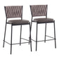 Hartley - Set of 2 - 21" Black Metal Counter Stools with Grey Faux Leather Seat and Light Brown Fabric Backrest