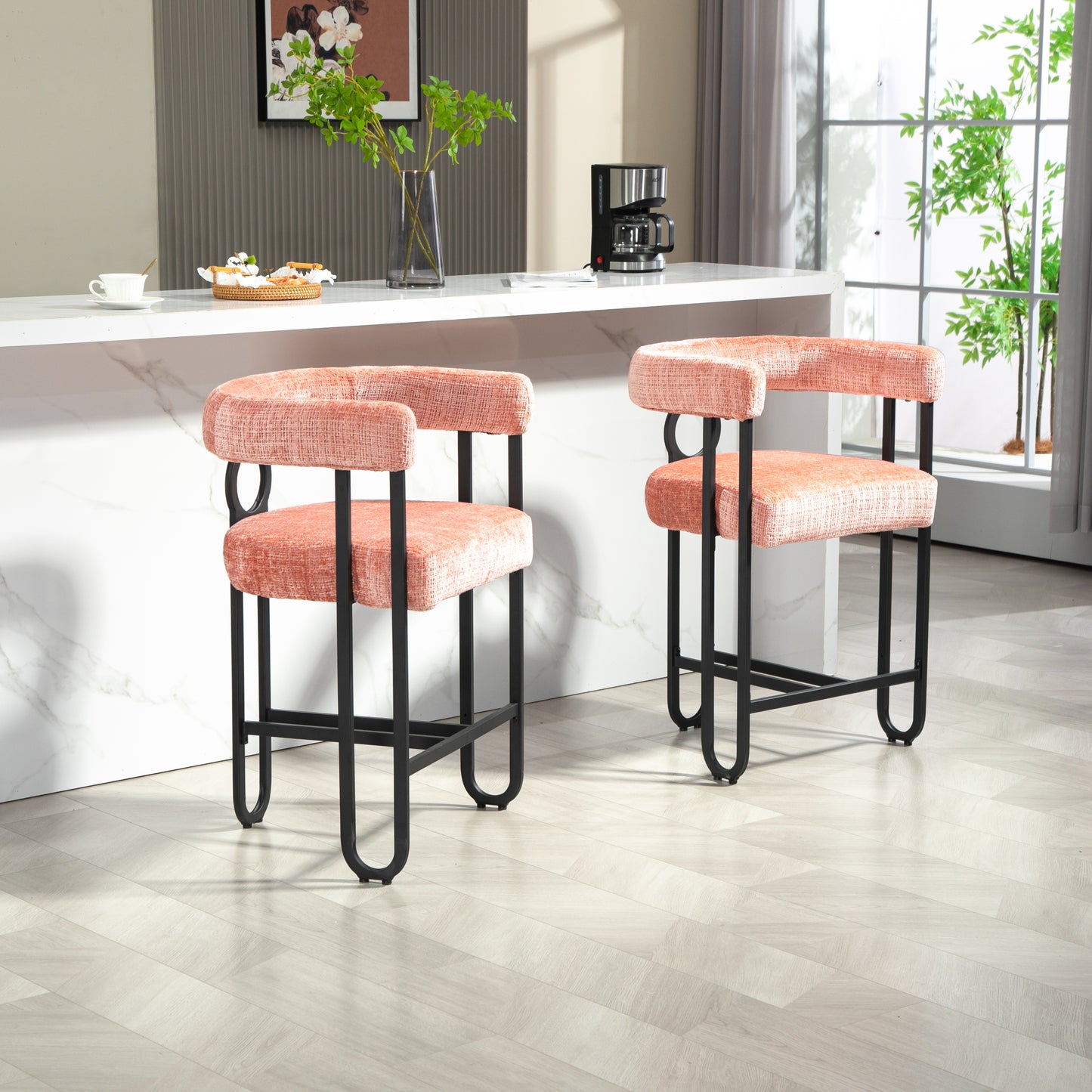 Adelina - Set of 2 - 24" Pink Chenille Bar Stools with Modern Curved Backrest and Black Metal Frame for Kitchen Island, Pub, or Dining Room